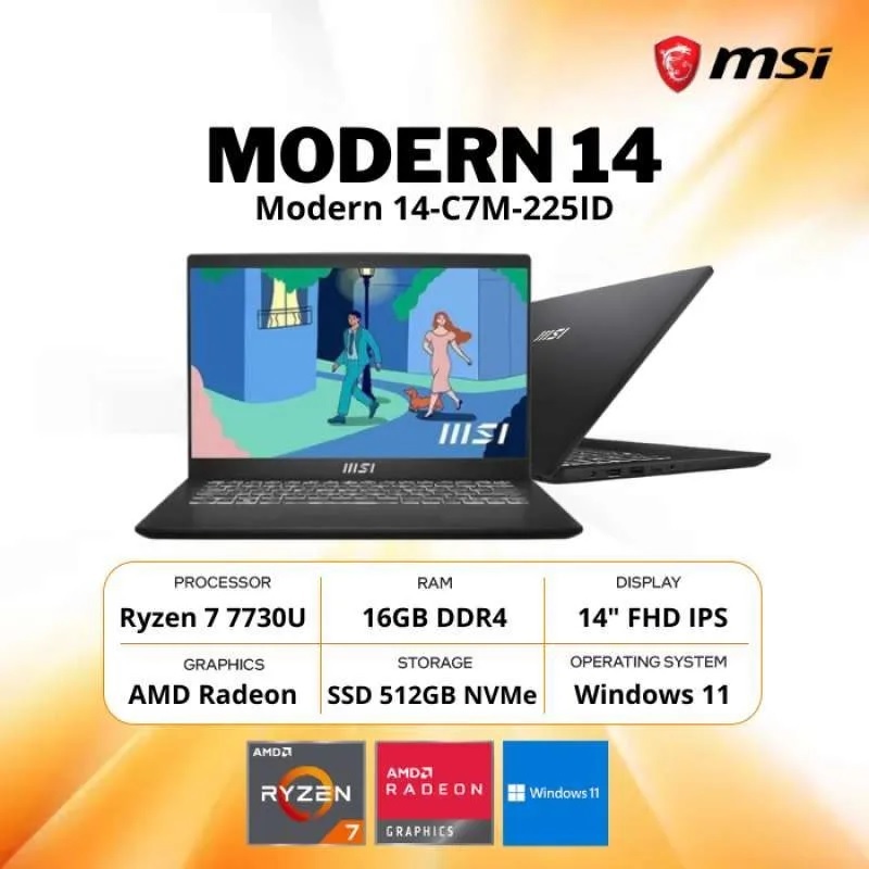 MSI Modern 14 C7M 225 Ryzen 7 7730U 16GB SSD 512GB Win11 OHS FHD IPS