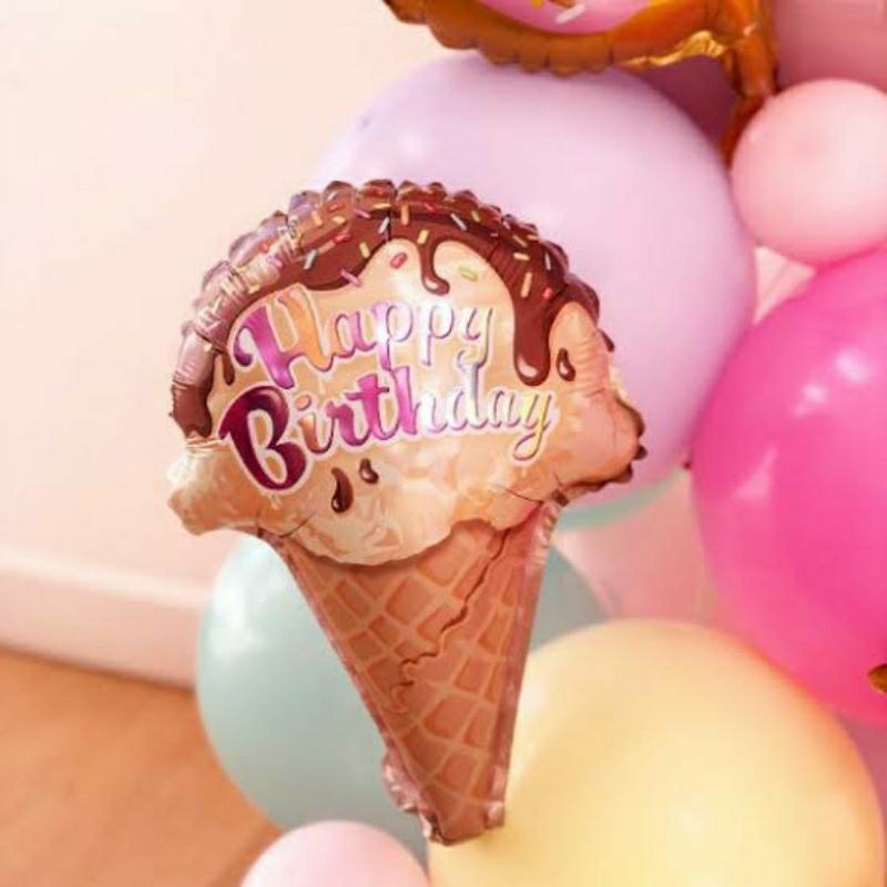 Balon foil karakter ice cream cone tulisan happy birthday mini / balloon tema dessert makanan food eskrim es krim / baloon donat permen kecil candy sweet / hiasan perlengkapan pesta aksesoris ulang tahun ultah anak party decoration chrome macaron latex