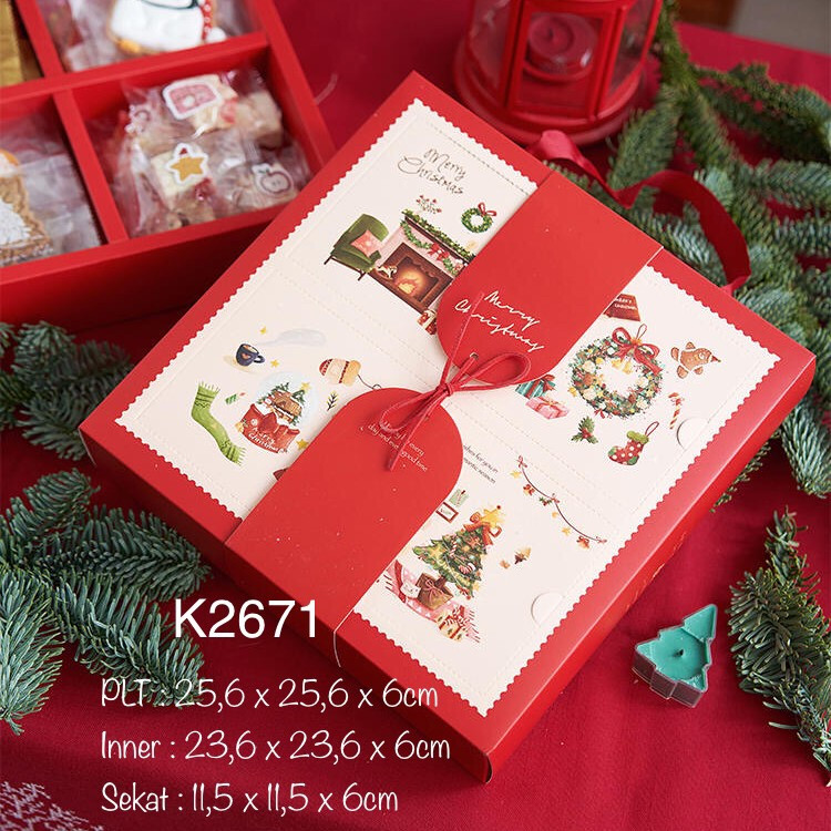 

(2 pcs) kotak natal dus sekat cookies nastar pia christmas box warna merah
