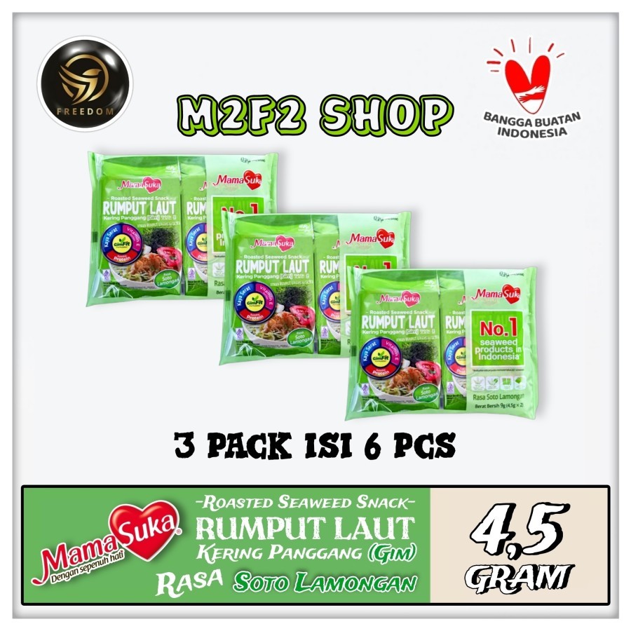 

MamaSuka Snack Rumput Laut Panggang Rasa Soto Lamongan - 4,5 gr (Kemasan 3 Pack)