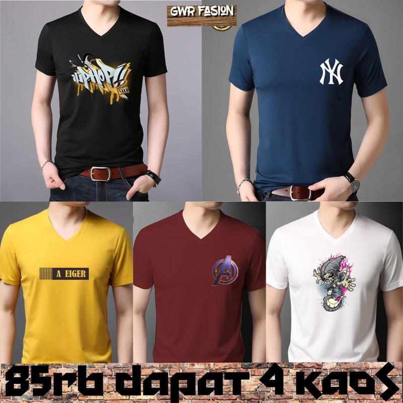 Promo Kaos Pria 85Rb Dapat 4 Kaos V-Neck Distro Baju Atasan Cwo Kekinian Motif Terbaru Samurai Anime