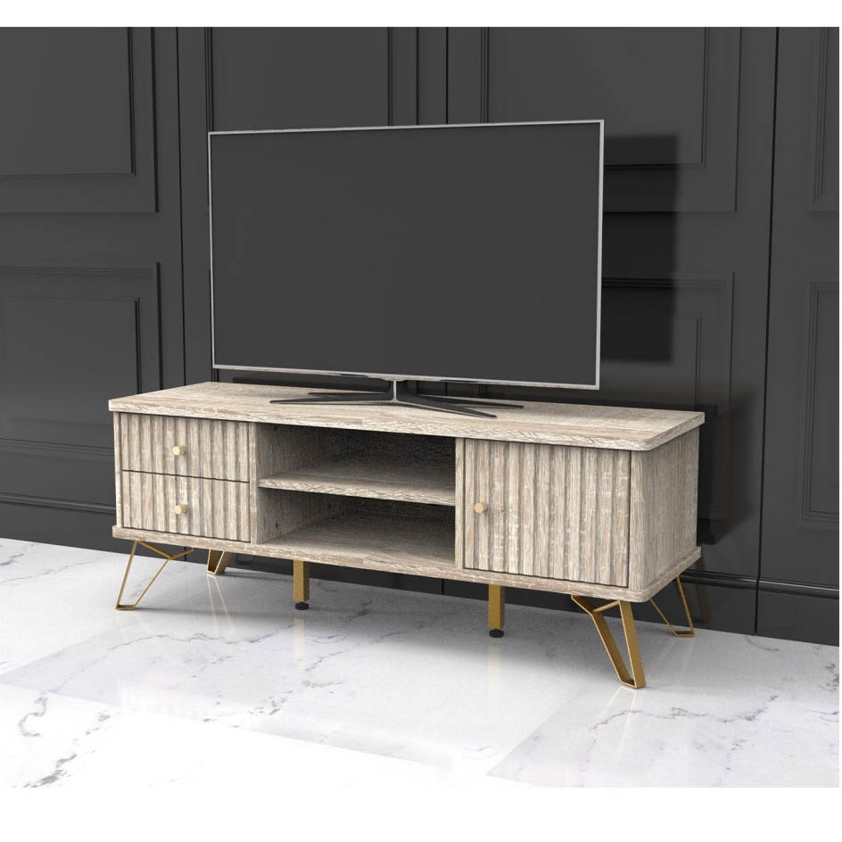 Meja Rak TV warna natural kaki besi gold minimalis 120cm BANDUNG