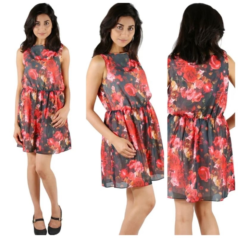 DRESS Floral Black and RED Floral Dress