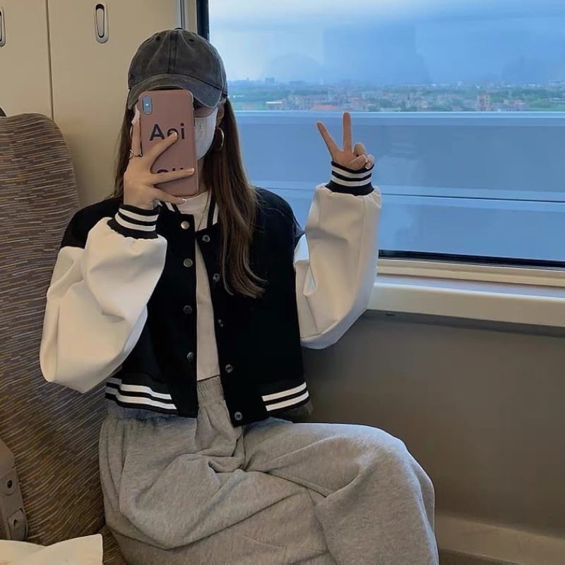 BESTPROMO Jacket Crop Baseball Wanita Korean Style Varsity Cropped Atasan Wanita Jacket Crop Wanita