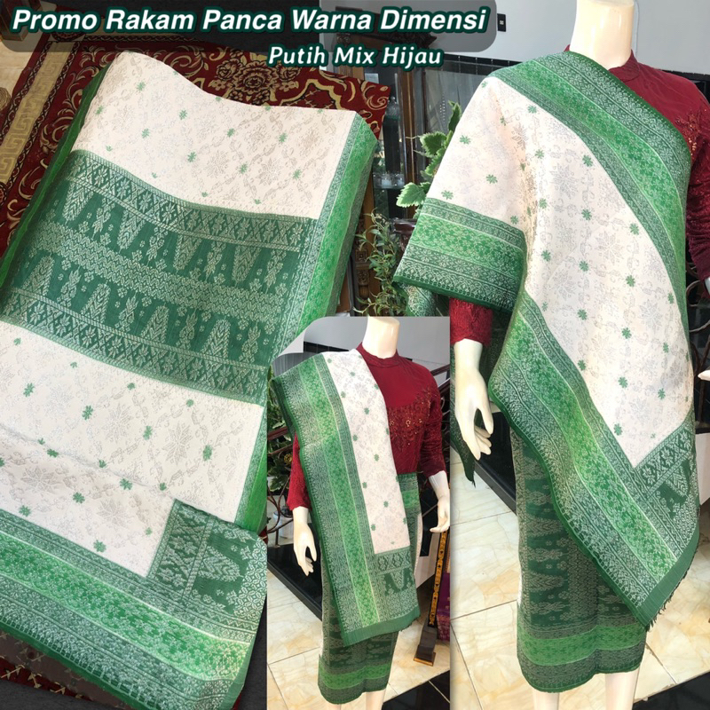 PROMO Songket Rakam Panca Warna Dimensi /Putih Mix Hijau/ songket tenun asli palembang /ilham songke