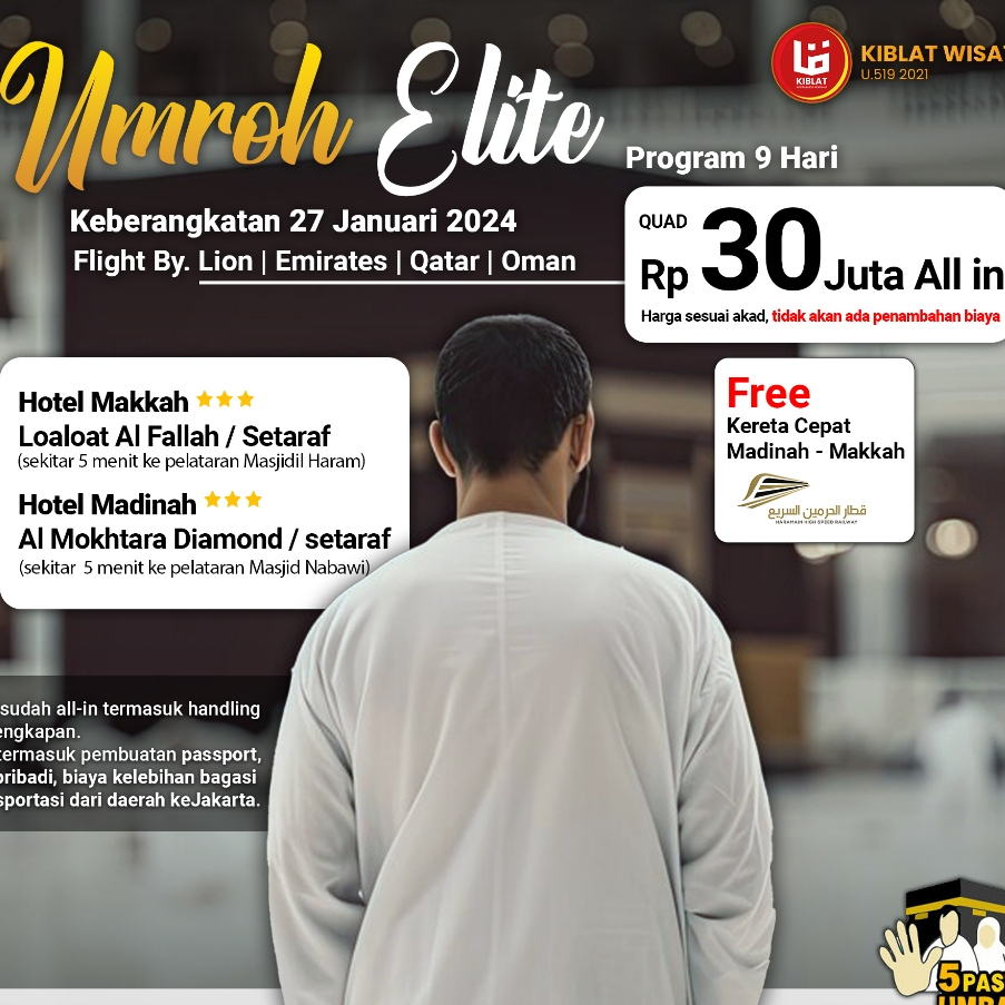 DP (Down Payment)  Umroh Reguler Elite Ekonomis - Keberangkatan 27 Januari 2024