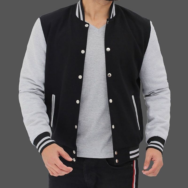 JAKET VARSITY POLOS HITAM ABU BIG SIZE S M L XL XXL XXXL XXXXL XXXXXL XXXXXXL JACKET BASEBALL KANCIN