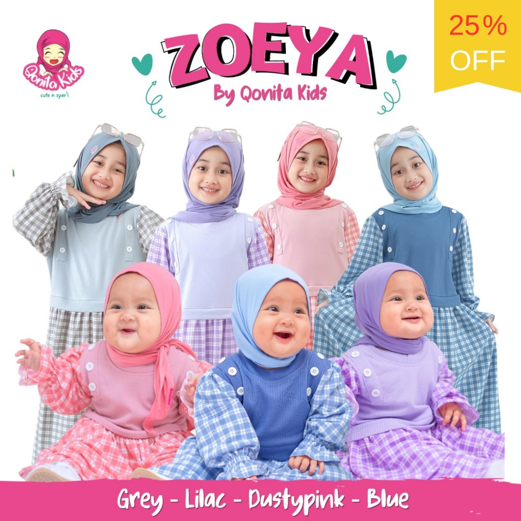 ZOEYA Gamis Set Anak Perempuan by Qonita Kids, gamis anak bayi 0, 1, 2, 3, 4, 5, 6 tahun gamis adem