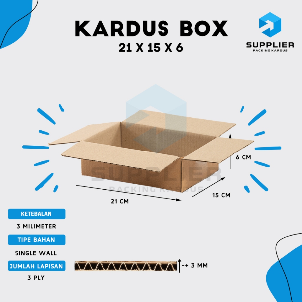 

Packing Kardus Karton Box, SINGLE WALL 21X15X6 Box Polos