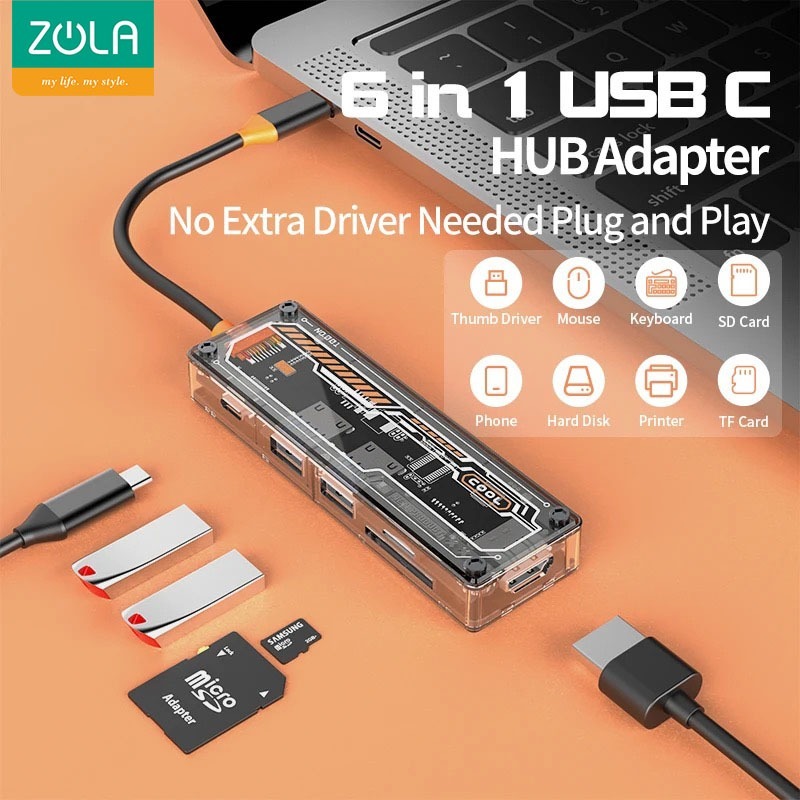 Zola 6 In 1 Transparent USB HUB Laptop Smartphone Tablet Docking Station For MacBook Pro Type C Dock