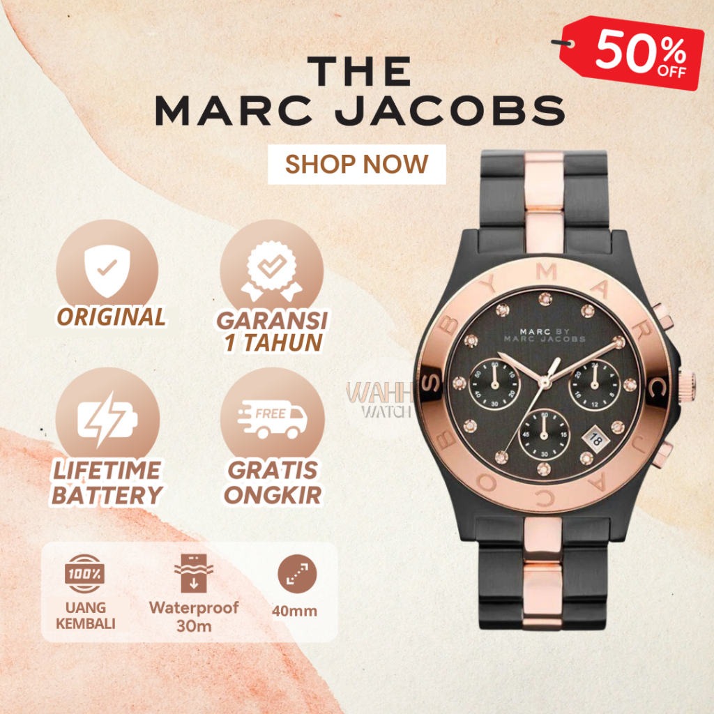 Jam Tangan Marc Jacobs MBM 3180 Chronograph Two Tone Black Rose Gold Original