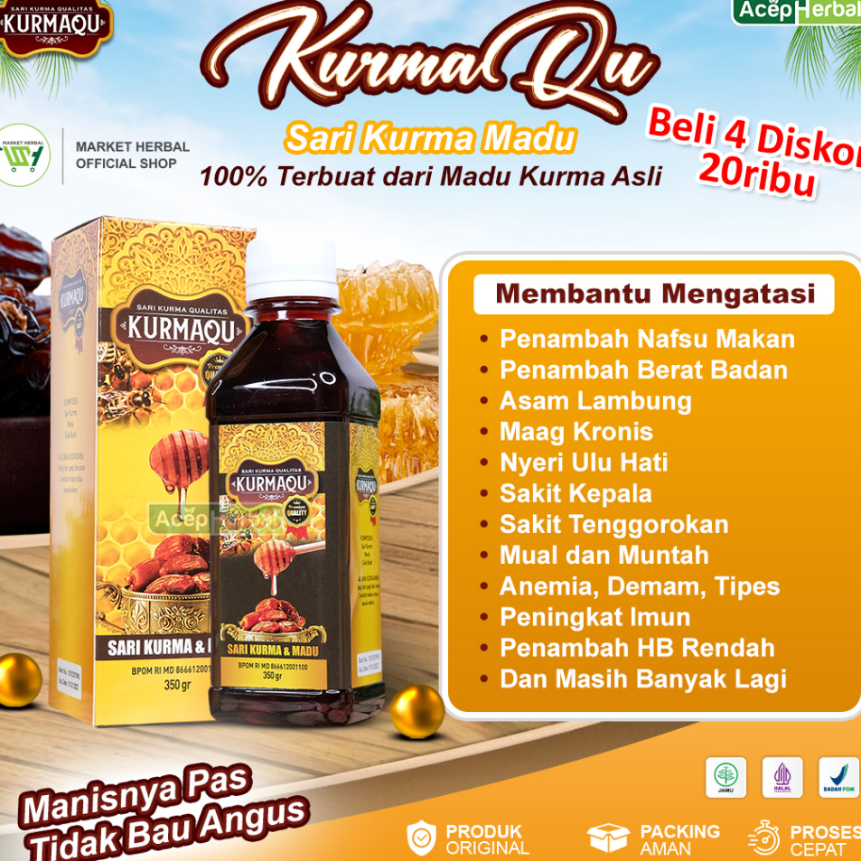 

Laris Kurmaqu Sari Qurma Dan Madu Suplemen Penggemuk Badan Penambah Nafsu Makan Asam Lambung Gerd Perut Begah Bau Mulut Sakit Kepala Anemia Untuk Anak dan Dewasa 100% Original Bpom Halal Model Terkini