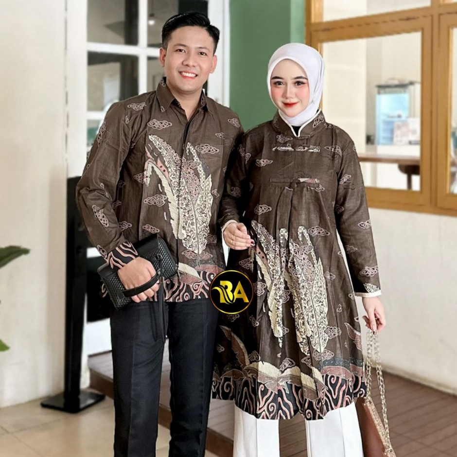 Batik Couple Lengan Panjang Tunik Kemeja Sarimbit Motif Daun Pisang Mego M-XXXL Jumbo