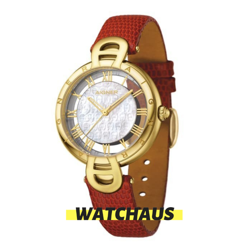 JAM TANGAN WANITA AIGNER RESANA A24275 AGA24275 A24275 ANALOG SILVER GOLD RED LEATHER STRAP