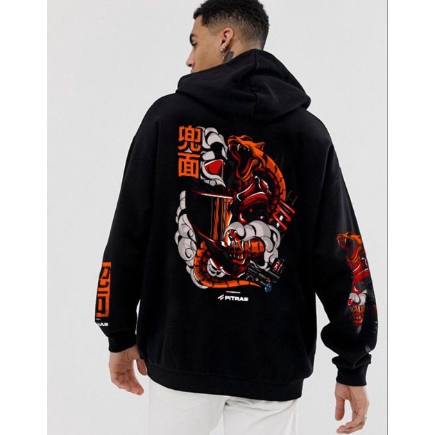 HOODIE - Pria Sunmori Hitam Motif Oni Helmet Sweater Terbaru