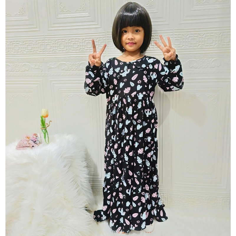 Gamis Anak Motif | Gamis Rampel Simple | Gamis Premium Warna Hitam | Yasta Fashion