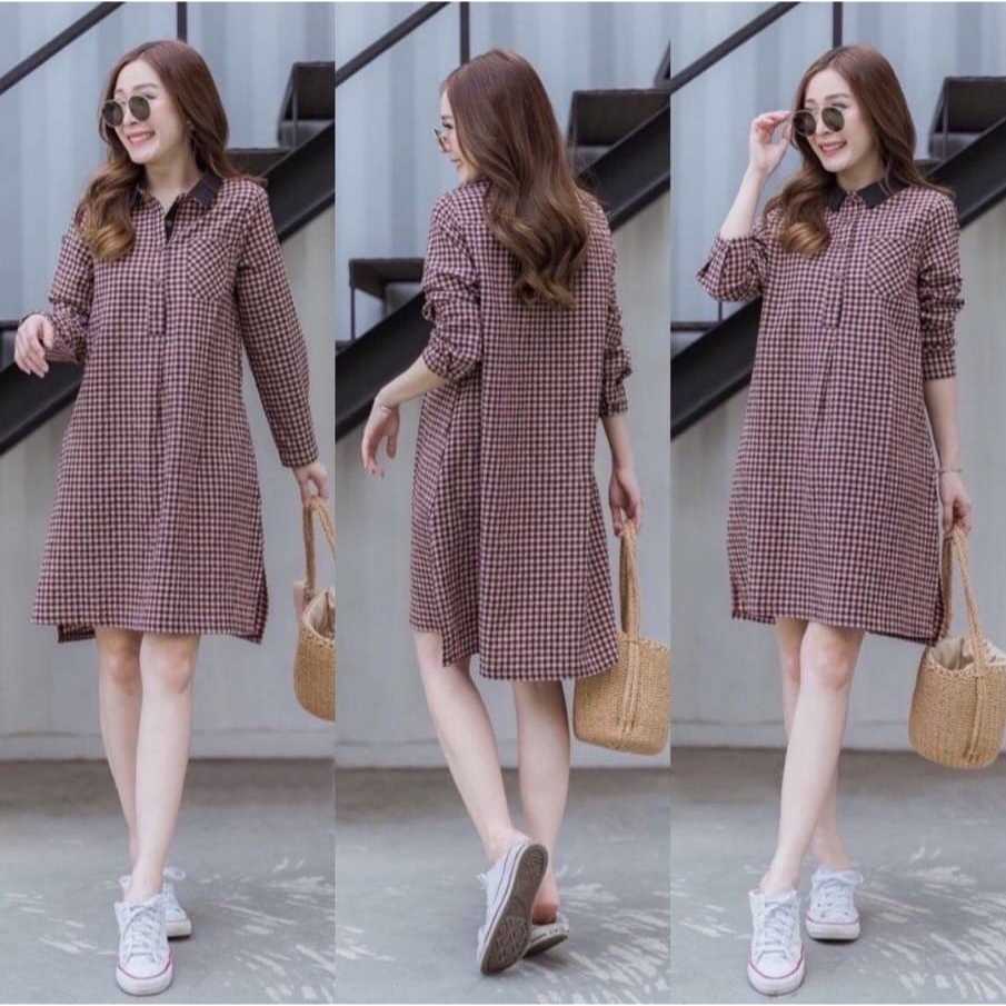 Long Kemeja Wanita Kotak Katun