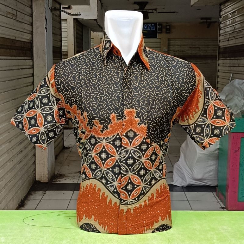Batik Pria Orange Teracotta KM7156 Lengan Pendek Reguler Bahan Katun Baju Seragam Kerja, Kantor Dan 