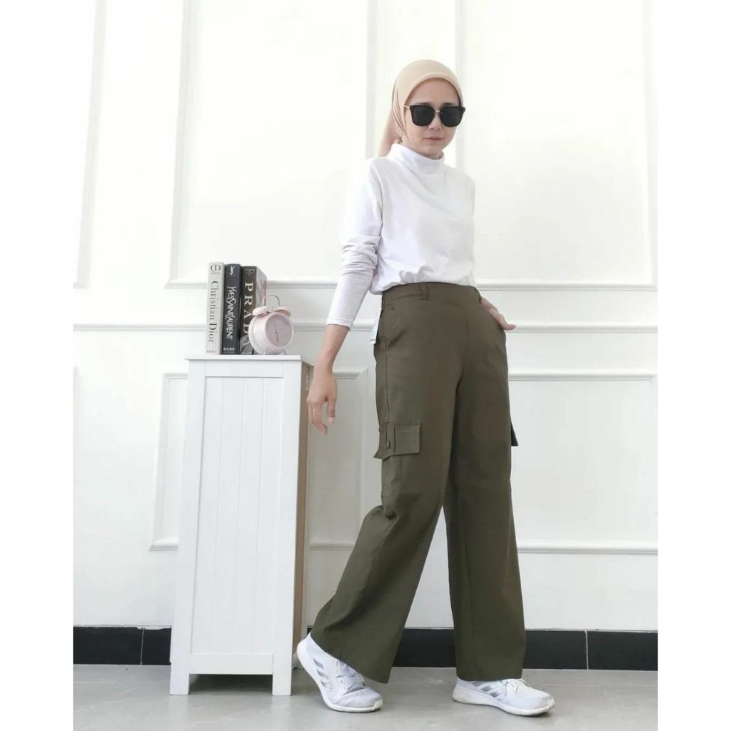 Celana Cargo Panjang Korean Style Kekinian  - Celana Cargo Cewek Pinggang Karet