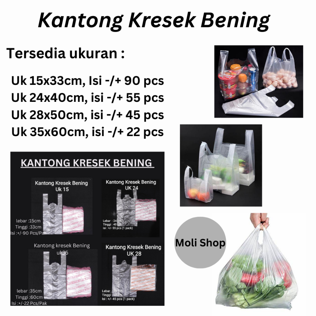 Kantong Kresek Bening Kecil/Sedang, Kantong Plastik bening ukuran 15, Ukuran 24 kresek bening linova