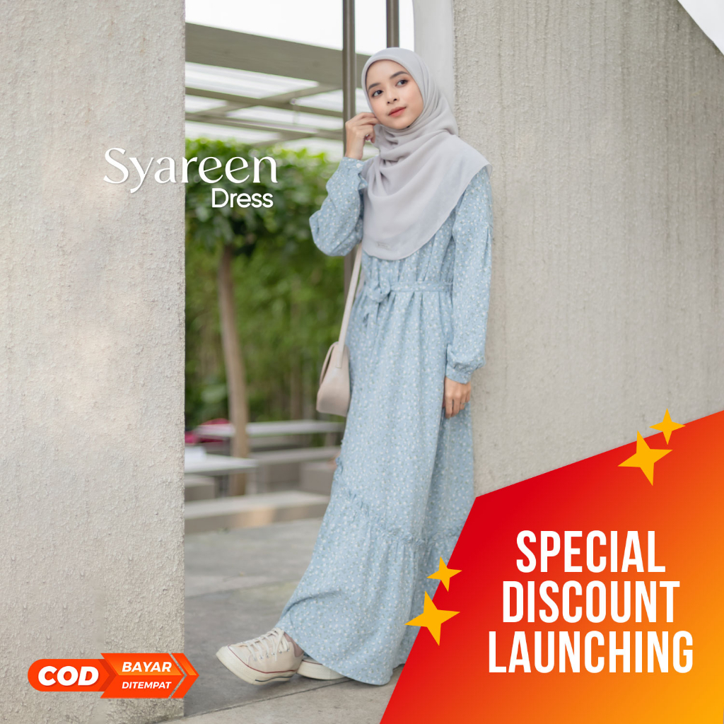 Syareen Dress Model Korean Floral Dress | Gamis Motif Bunga Kecil | Long Dress Lengan Panjang Floral