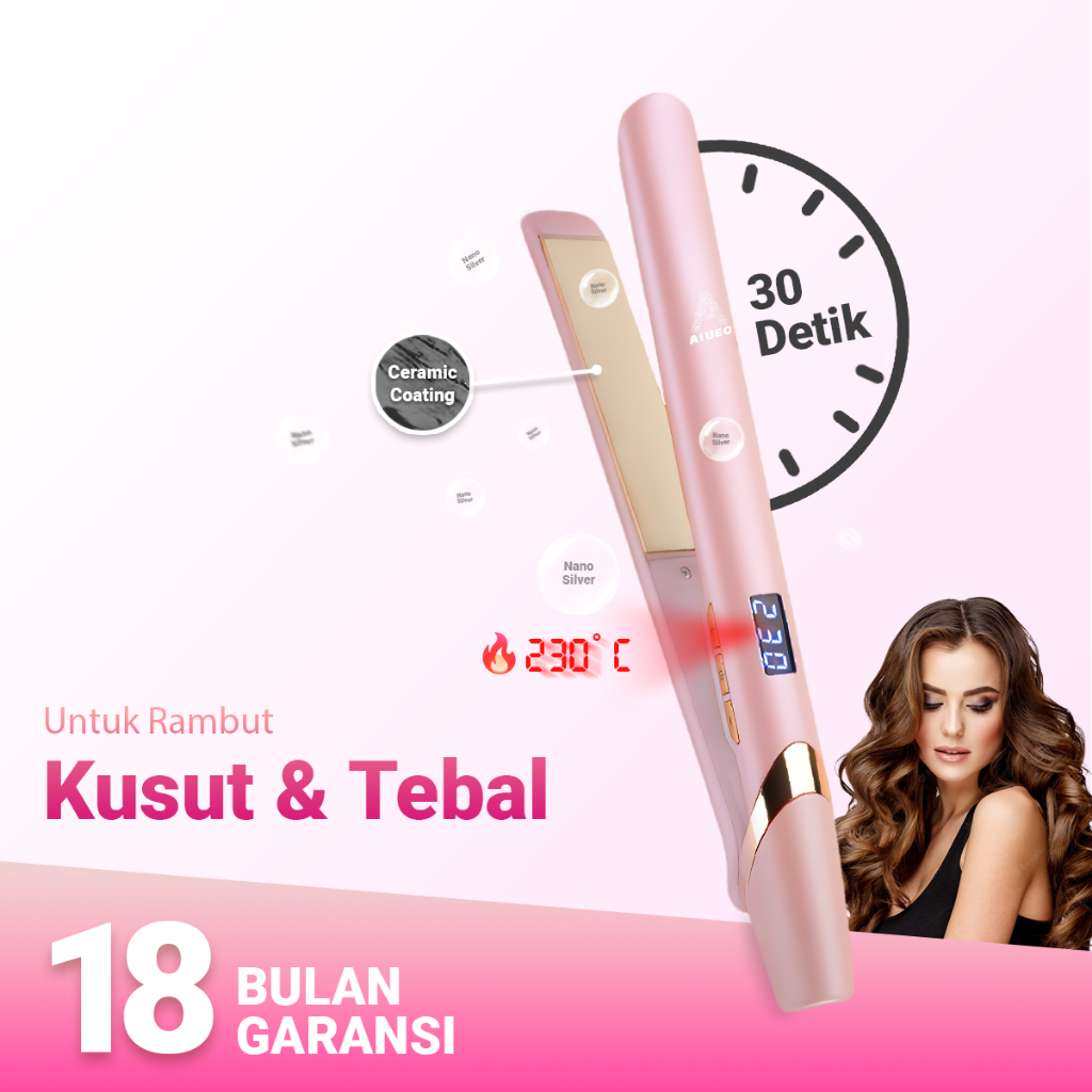 AIUEO Catokan Rambut 517 Dioda Alat Catok Rambut 3in1 Plat Kecil 35 Watt Kabel Putar Warna Pink