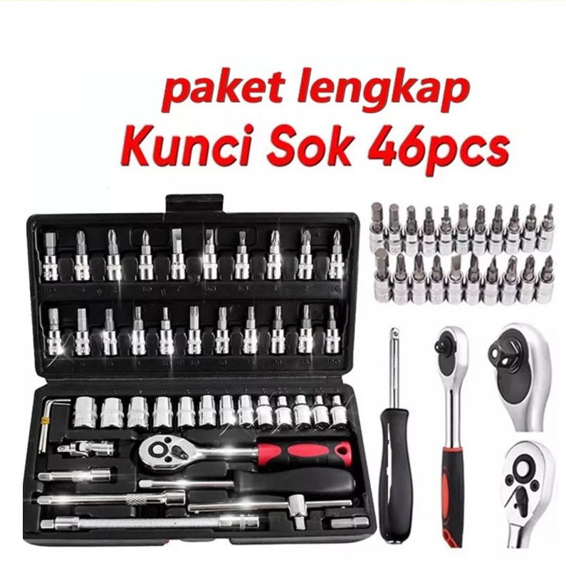 Kunci Sok Set 46 Pcs , kunci 10 , kunci 27 , kunci 40 , kunci 19 , obeng t - Socket Wrench Mata Oben
