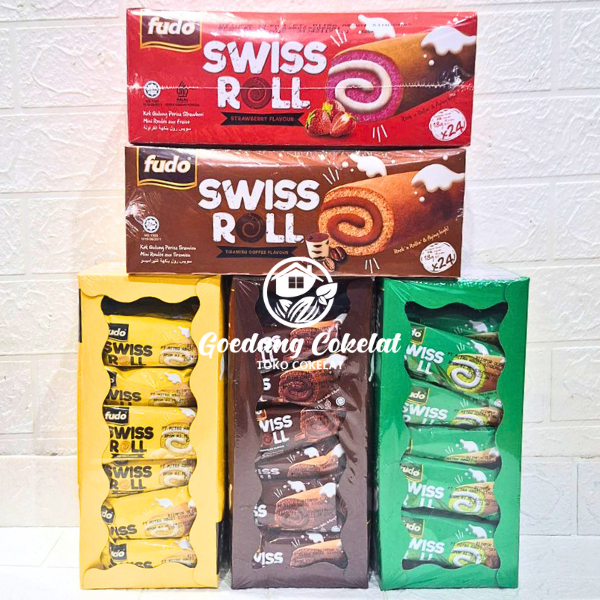 

Fudo Swiss Roll Layer Cake With Cream Flavour Pandan Coklat Chocolate Strawberry Butter 1 Box isi 24pcs 432g