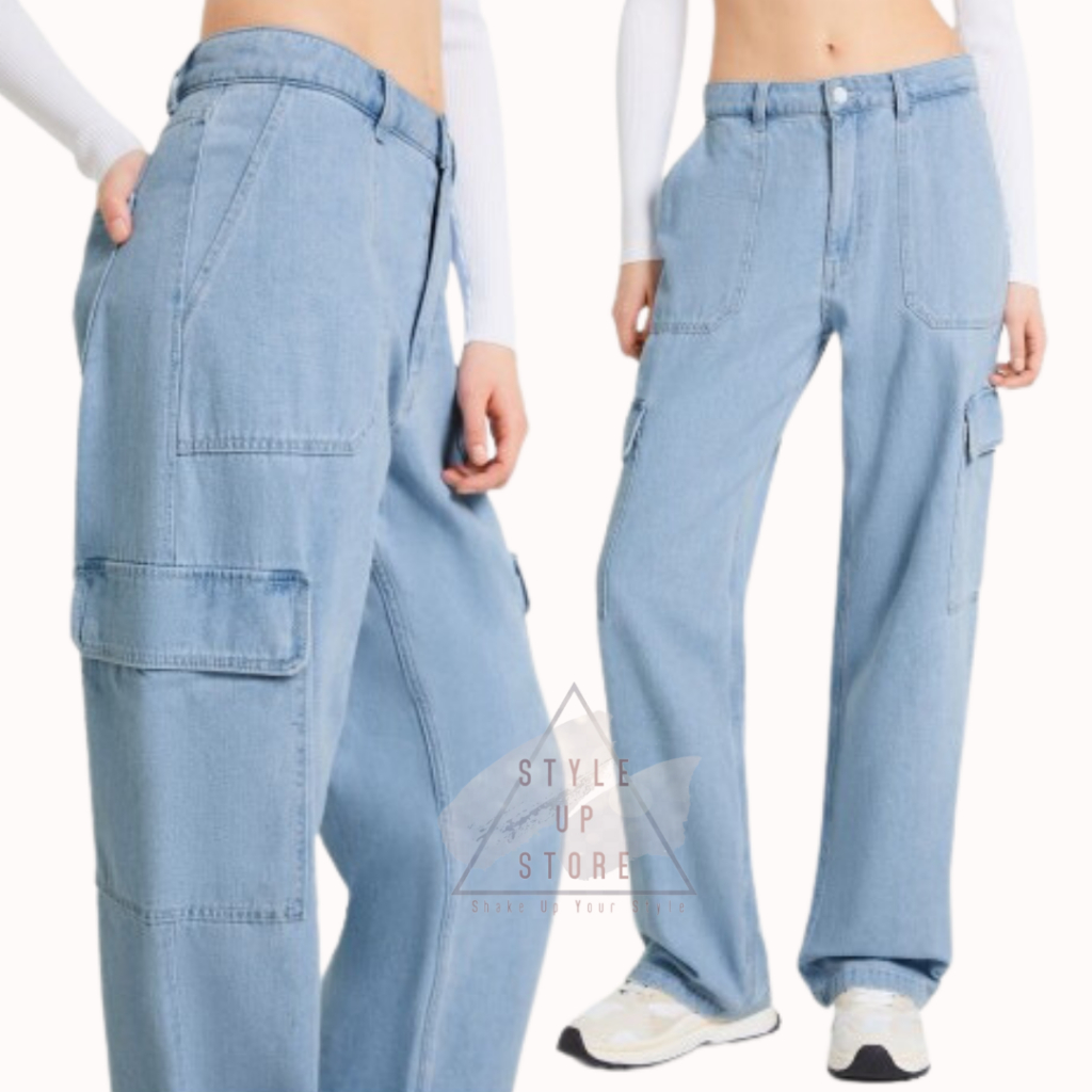 [ STYLEUPSTORE ] BERSHKA DENIM WOMEN CARGO JEANS - CELANA PANJANG WANITA JEANS
