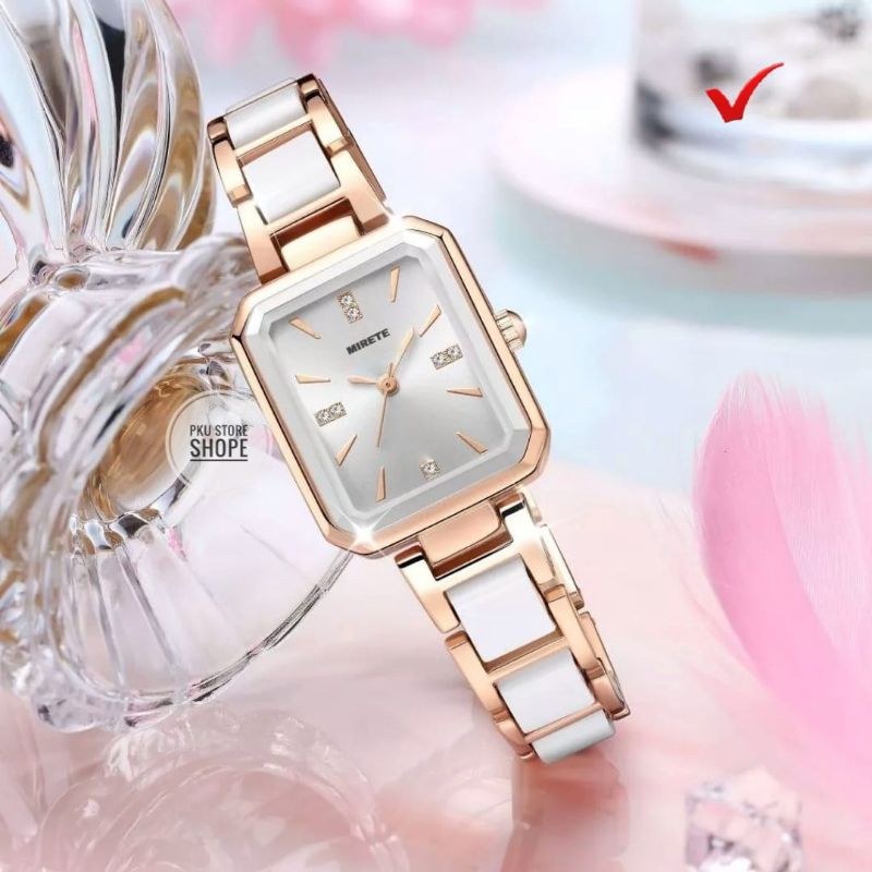 Jam Tangan Wanita Permata Mirete Quartz Analog Bestseller Mewah Elegan Rantai Keramik Cod