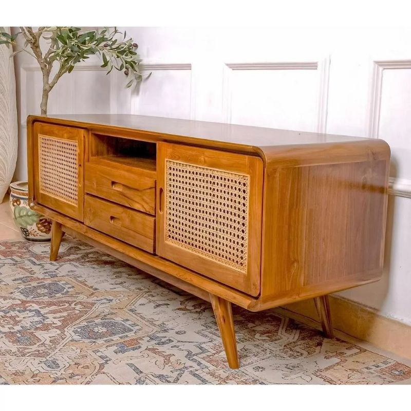 Bufet tv meja tv kombinasi rotan kayu jati