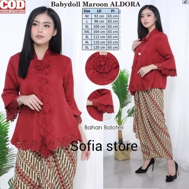 ATASAN SAJA Kebaya Encim Modern Aldora Warna Merah Maroon Lengan Terompet