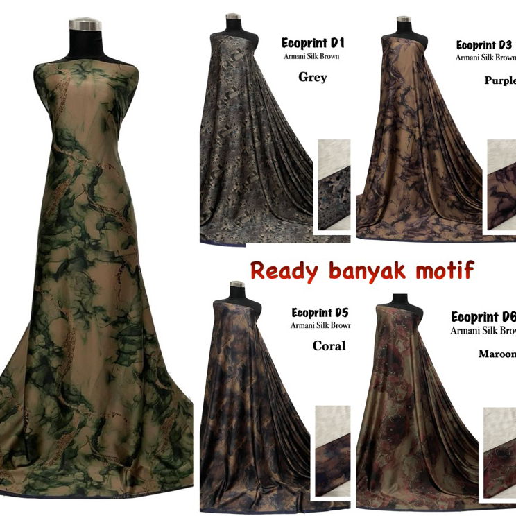 Terbaru Bahan Kain Armani silk brown ecoprint mewah / armany silk abstrak / kain silk meteran gamis 