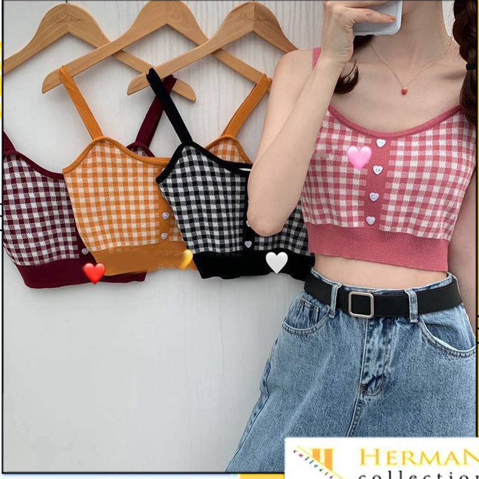 STOK TERBATAS HC Tank Top Crop Wanita Motif Kotak - Kotak 6611 Korean Square Knit Tanktop Fashion Ko