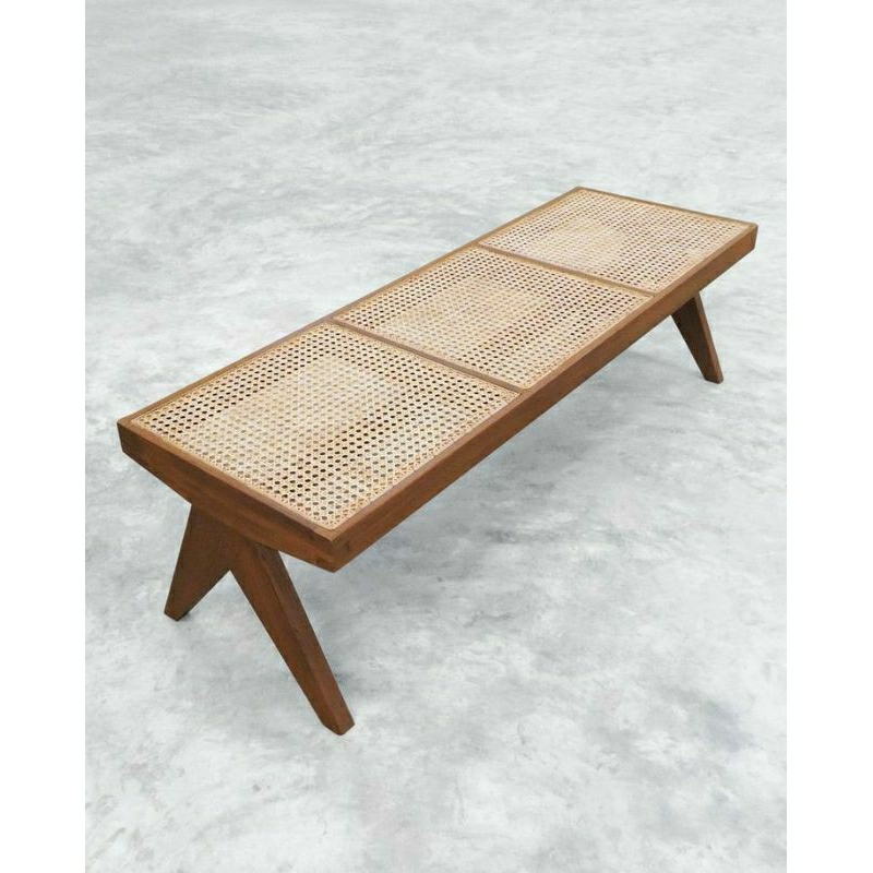 Bangku Rotan Aesthetic - Bangku Kayu Jati Mix Rotan - Bangku Rotan - Bangku Unik Jepara