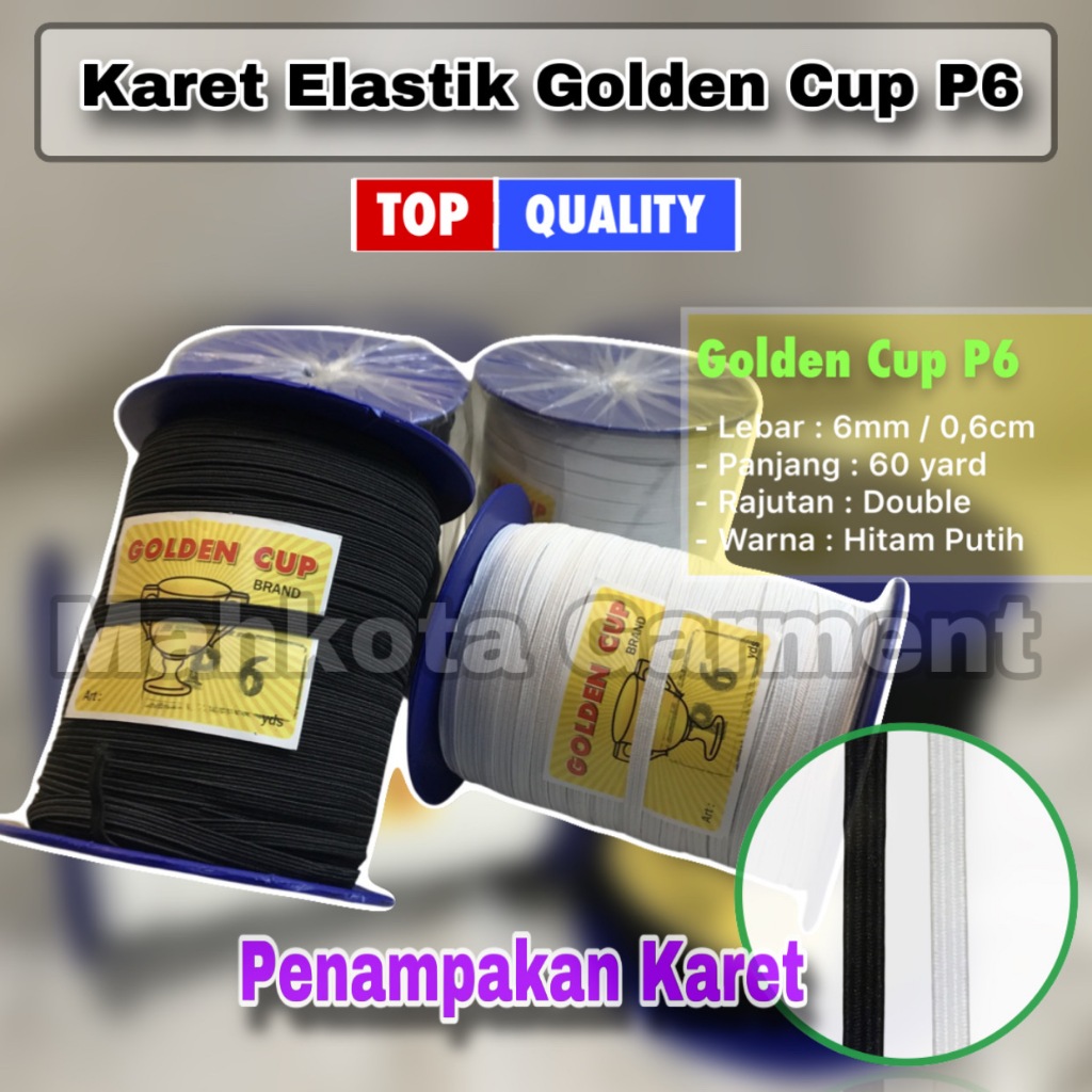 Karet Elastik Golden Cup P6 | Karet elastis celana  6mm / 0,6cm panjang 60 yard/Roll | Karet dasi ce