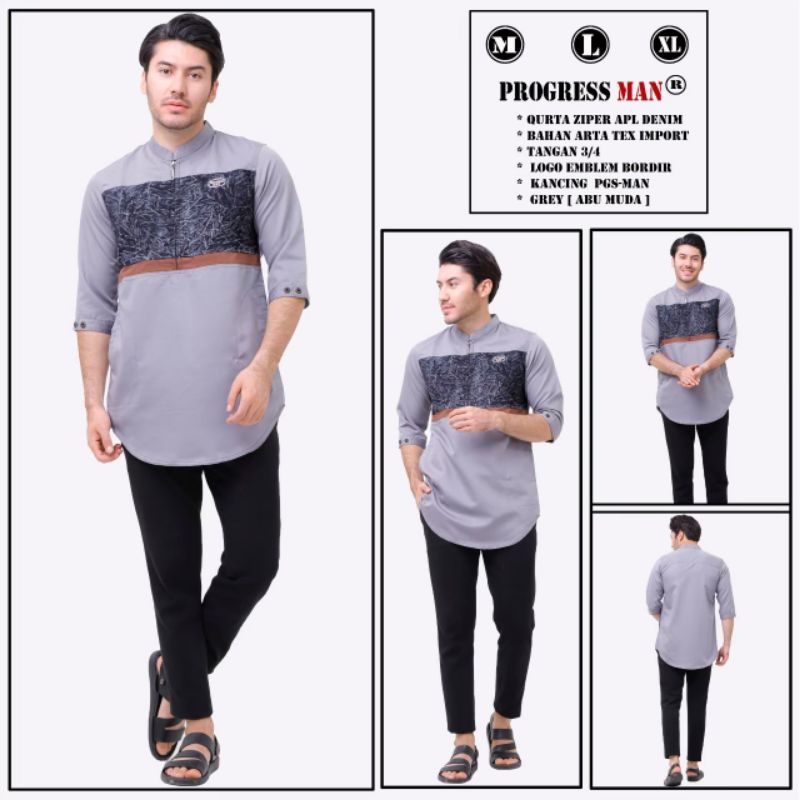 kurta pakistan/koko pria lengan 3/4 aplikasi denim premium Quality progressman