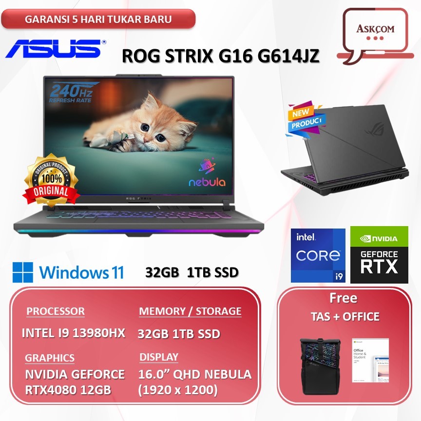 Laptop Gaming Asus Rog Strix G16 G614JZ I9 14900HX RTX4080 12GB | 32GB 1TB W11 OHS21 16.0QHD