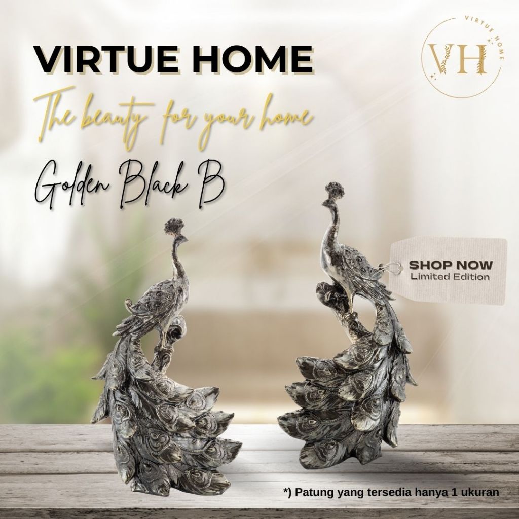 PATUNG DEKORASI RESIN ART MERAK EKOR DEPAN GOLDEN BLACK B
