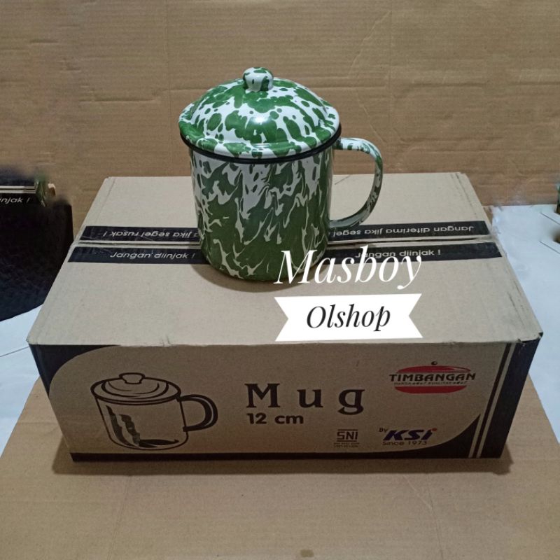 Mug Lurik Enamel + Tutup 12 cm / Cangkir Mug Jadul Blirik TEBAL