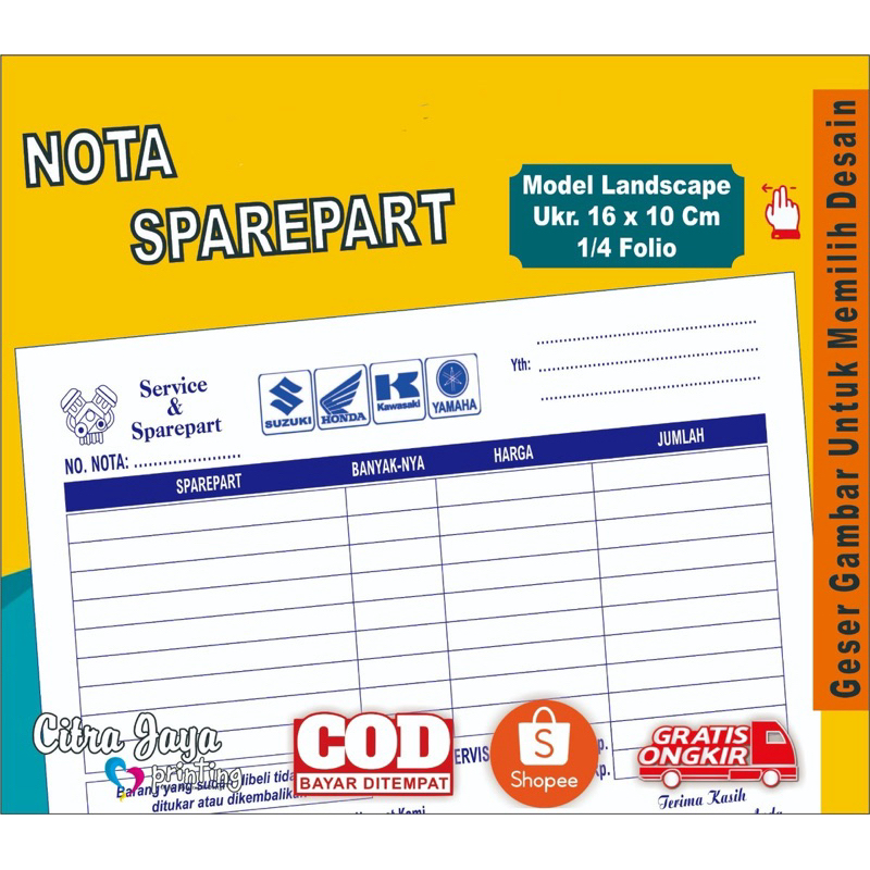 

[READYSTOCK] Nota Bon Bengkel / Toko Sparepart & Service (Model LANDSCAPE) / Invoice Servis Motor Mobil Suku Cadang Kendaraan Bengkel