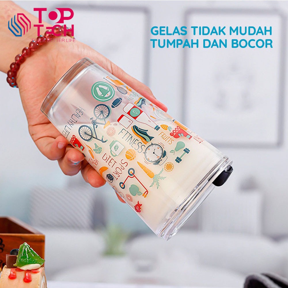Toptech - Gelas Tumblr Kaca Bening Gelas Mug Gelas Kaca dengan Tutup Anti Bocor Botol Minum