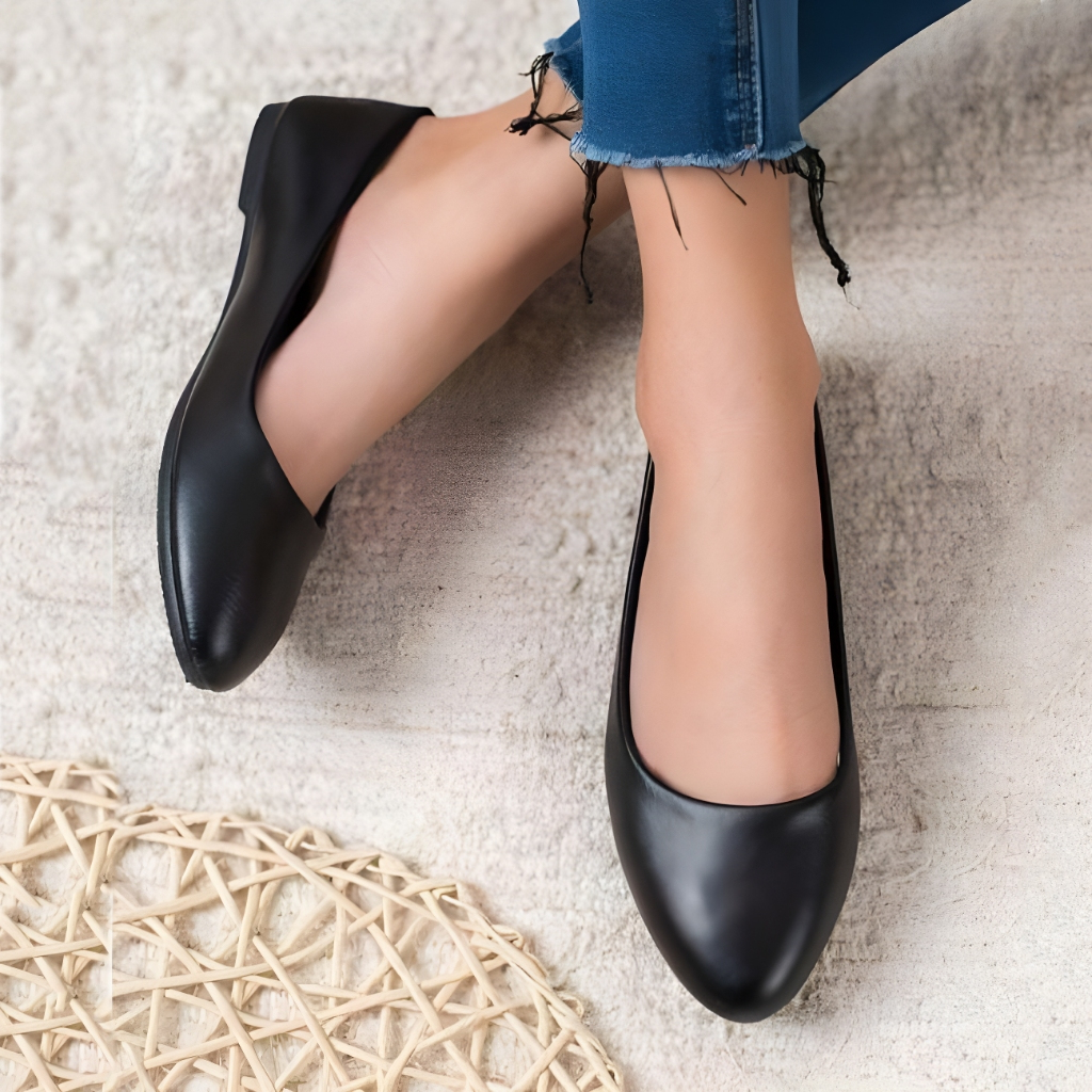 SEPATU WANITA FLATSHOES HITAM POLOS /SEPATU SEKOLAH SLIP ON SELOP FLAT SHOES HITAM