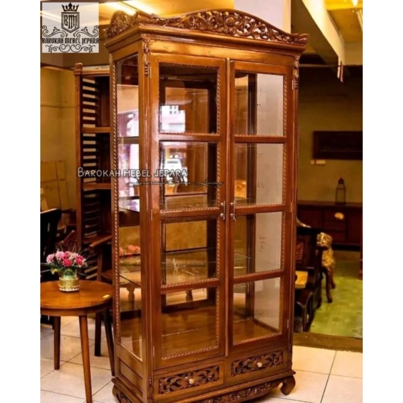 lemari kaca hias / lemari hias jati / lemari kaca serbaguna