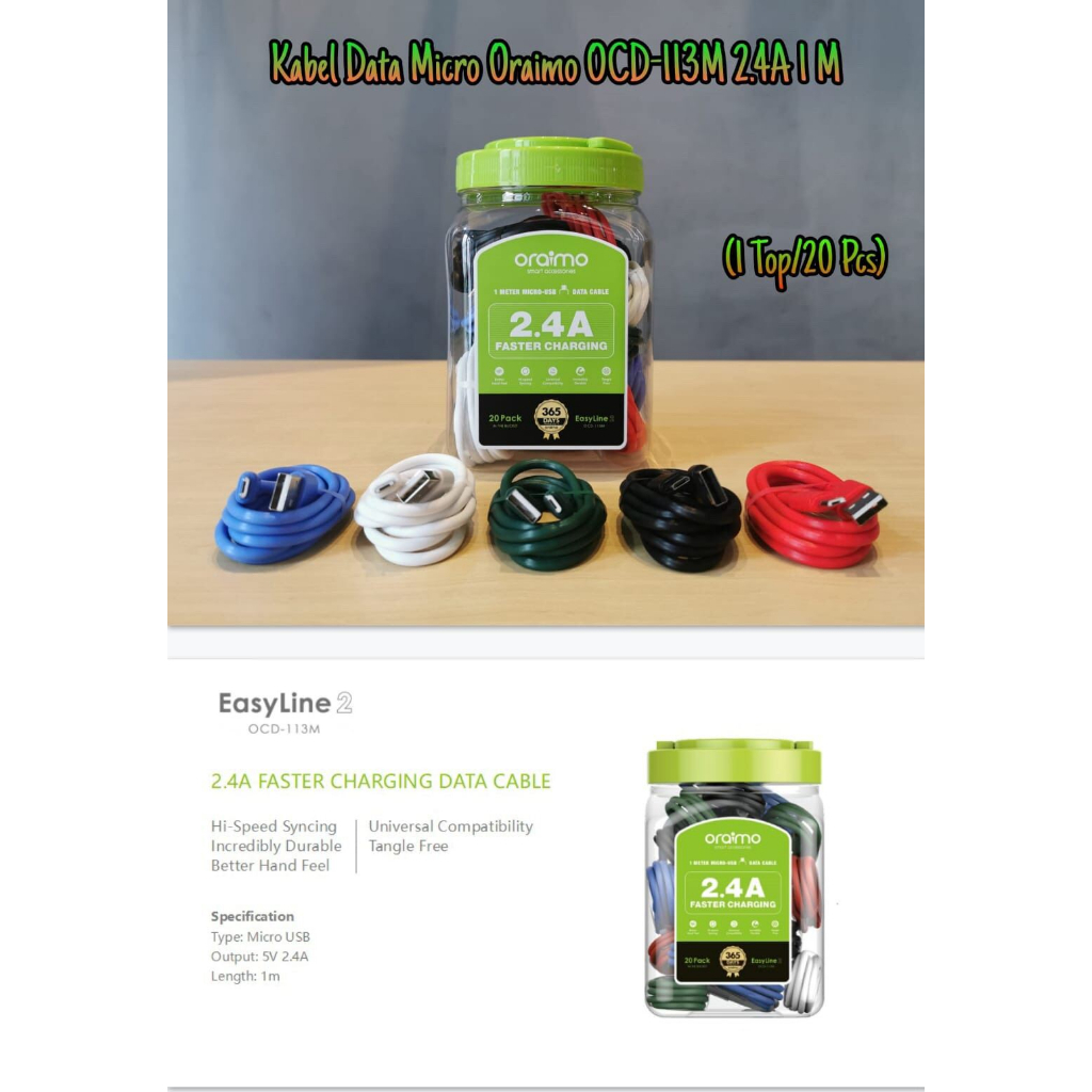 kabel Oraimo OCD-114 M,C,L  Kabel Data Fast Charging 2.4A MICRO TYPE C IPH  ( 1 Toples isi 20pcs )