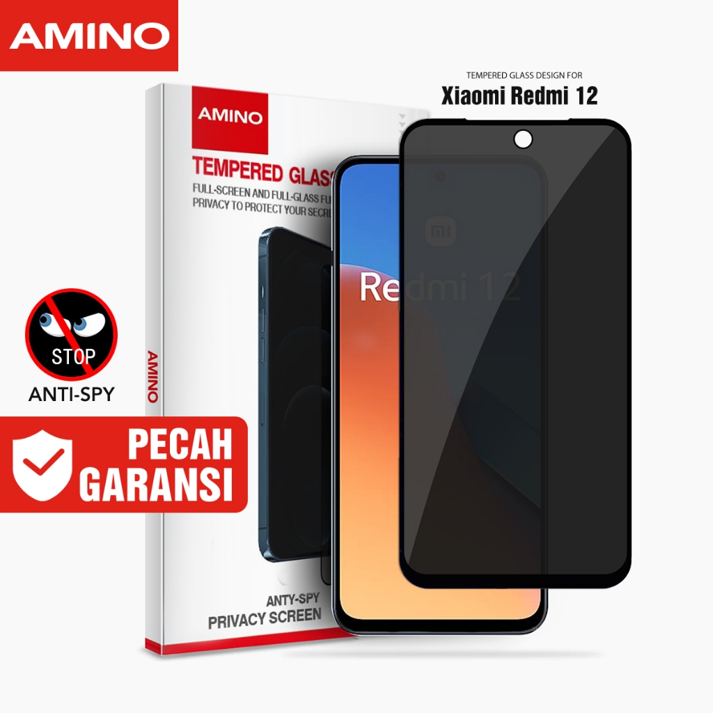 AMINO Anti Spy Tempered Glass Untuk Xiaomi Redmi 12 5G / Redmi 12 Privacy Glass 6.79 inch / Antispy Antigores / Anti Gores / Anti Gores Screen