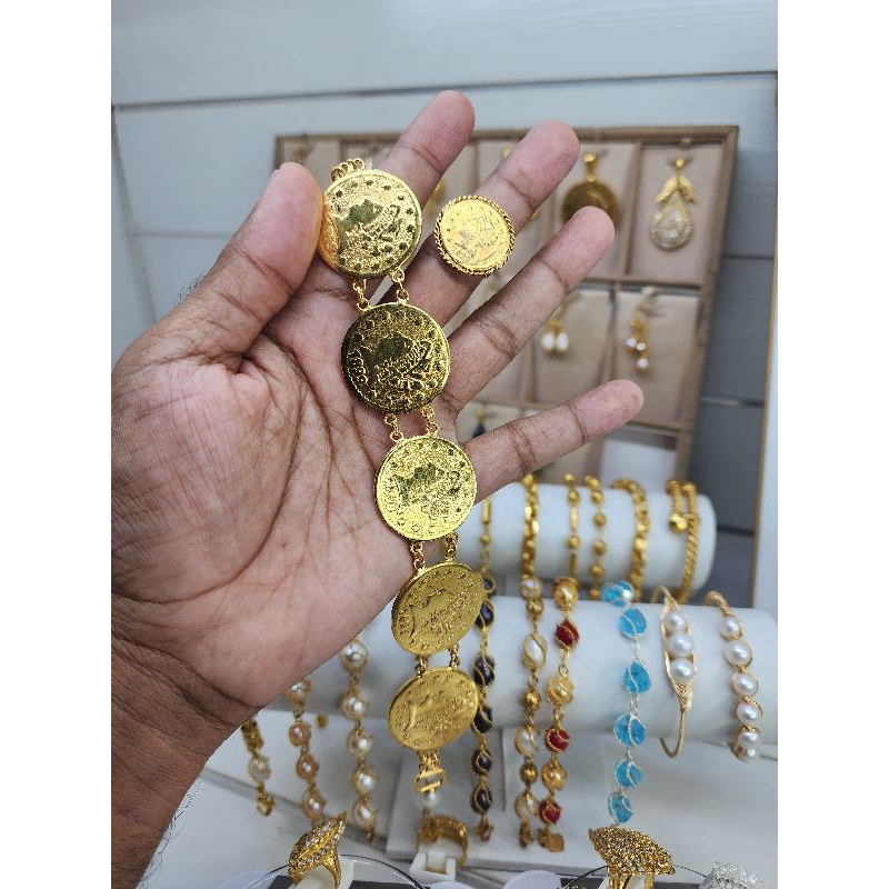 Set gelang koin kecil & cincin lapis emas