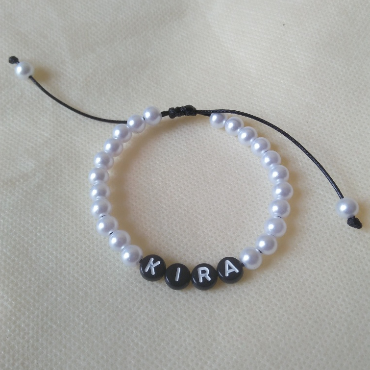 Gelang Nama Manik Bulat Hitam pipih Mutiara Putih Model Serut | couple | vintage | viral | Kekinian 