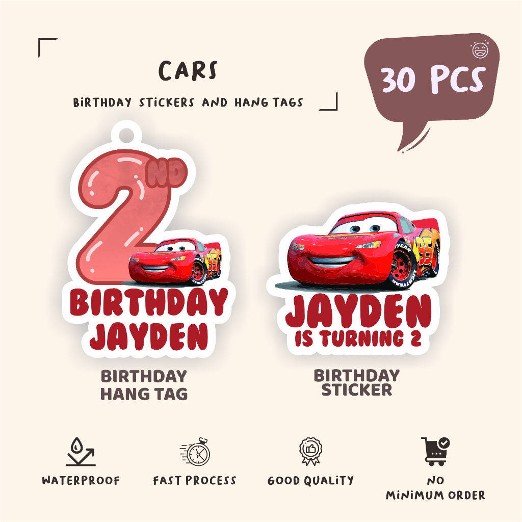 

(30pcs)label hang tag CARS /lucu cetak hang tag ulang tahun/label stiker diecut/murah/label ulang tahun/suvemir ultah/stiker diecut/hangtag diecut