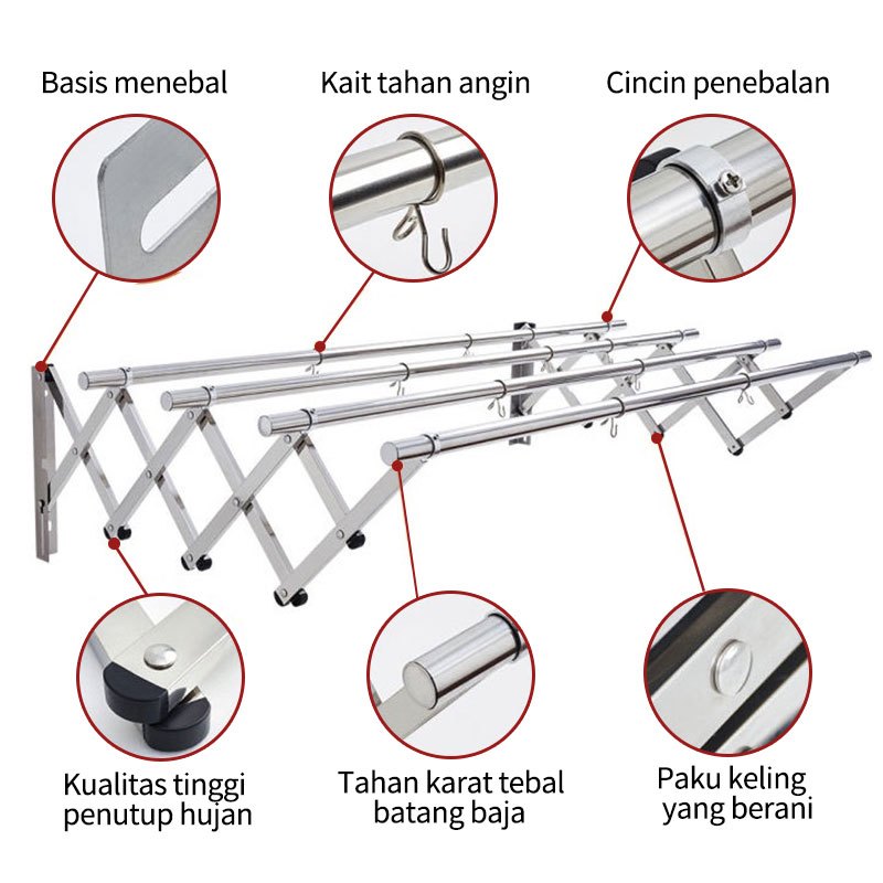 Jemuran Dinding lipat Stainless Jemuran Baju Dinding 200cm Jemuran Pakaian Dinding Jemuran Hanger